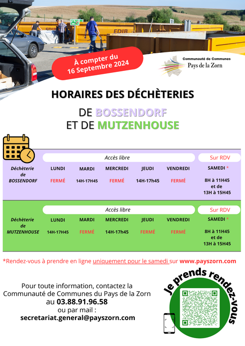 Horaires des déchèterie à partir du 16 septembre 2024